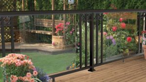 Black-Large-Glass-Panel-with-Wide-Pickets-and-Decorative-Spacers-Railing
